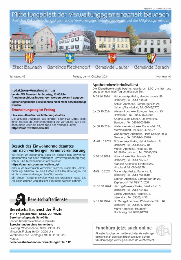Mitteilungsblatt Verwaltungsgemeinschaft Baunach Titelblatt 40/2024