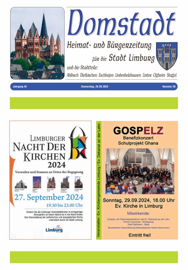 Domstadt - Heimat- und Bürgerzeitung für die Stadt Limburg Titelblatt 39/2024