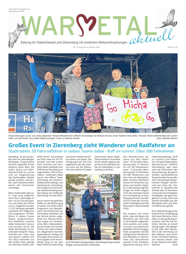 Warmetal aktuell (Habichtswald + Zierenberg) Titelblatt 40/2024