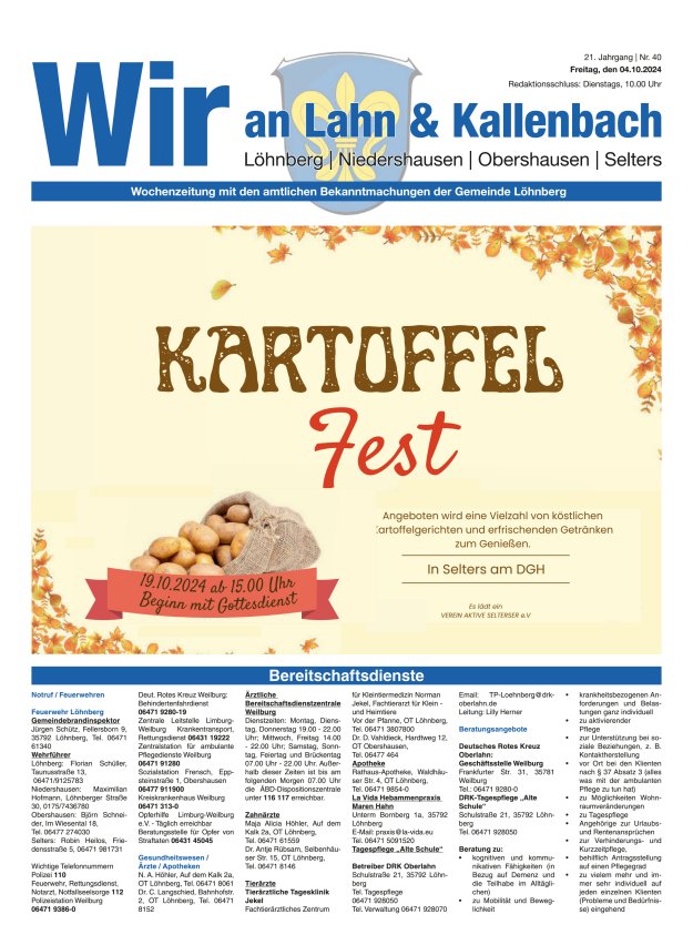 Amtliches Mitteilungsblatt der Gemeinde Löhnberg Titelblatt 40/2024