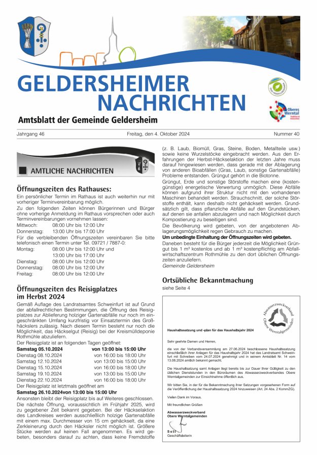 Geldersheimer Nachrichten Amtsblatt der Gemeinde Geldersheim Titelblatt 40/2024
