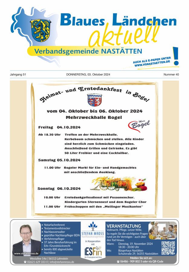 Blaues Ländchen aktuell - Heimat- u Bürgerzeitung VG Nastätten Titelblatt 40/2024