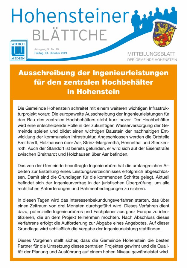 Hohensteiner Blättche Titelblatt 40/2024