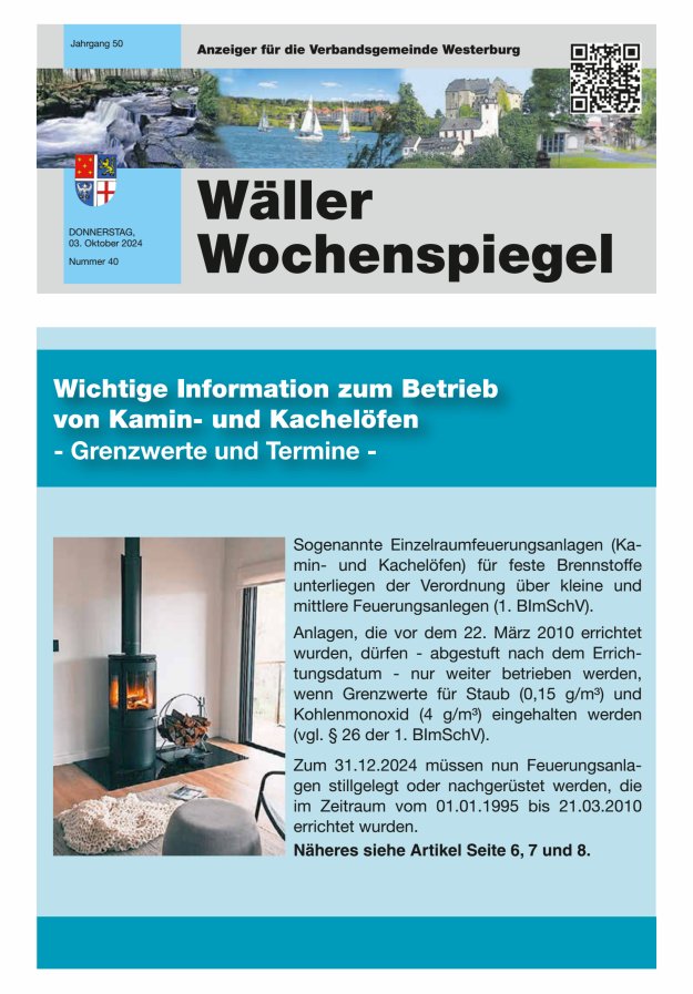 Wäller Wochenspiegel - Anzeiger für die Verbandsgemeinde Westerburg Titelblatt 40/2024