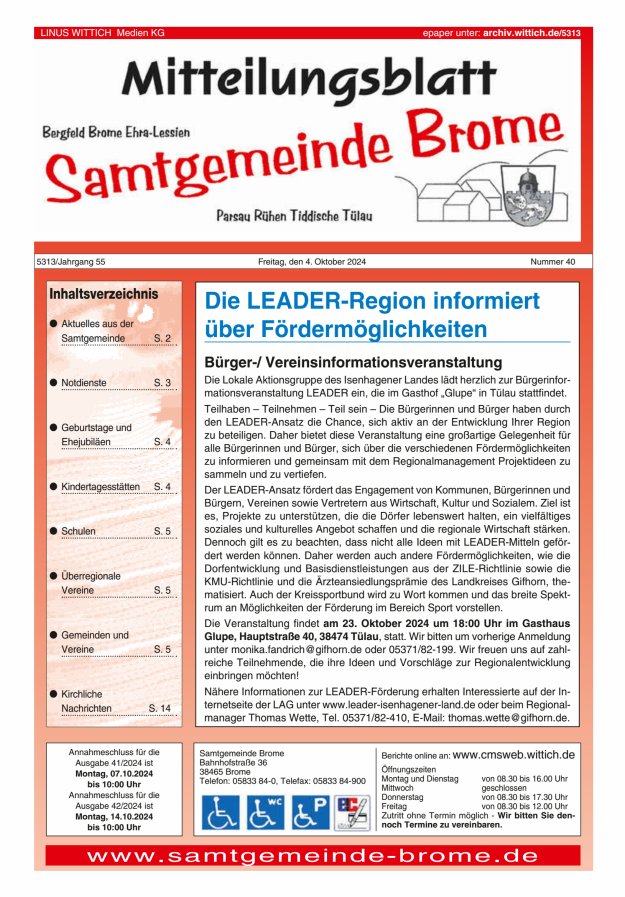 Mitteilungsblatt der Samtgemeinde Brome Titelblatt 40/2024