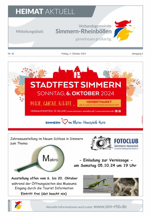 Heimat Aktuell Mitteilungsblatt der VG Simmern-Rheinböllen-Ausg Rheinböllen Titelblatt 40/2024