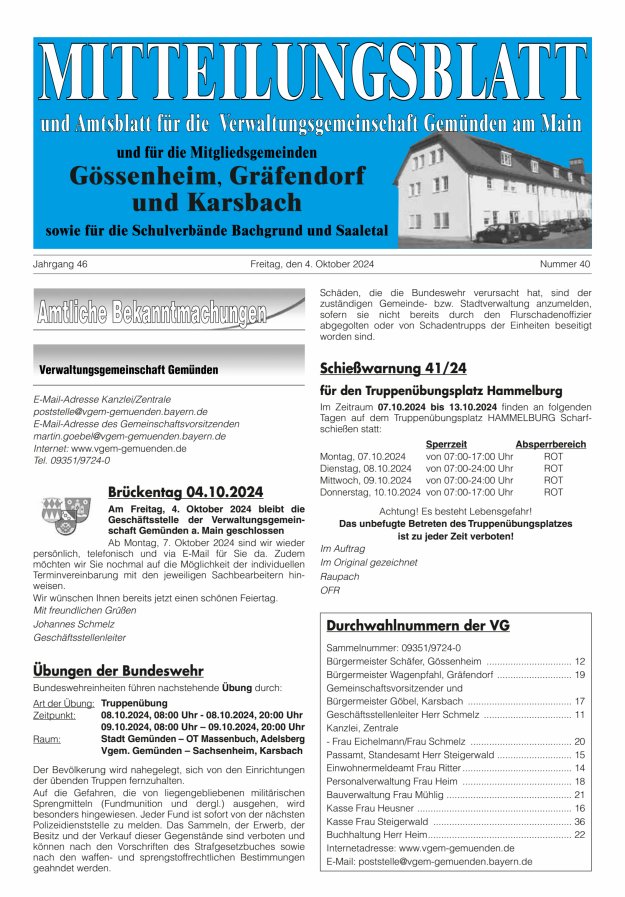Mitteilungsblatt der VG Gemünden a Main Titelblatt 40/2024