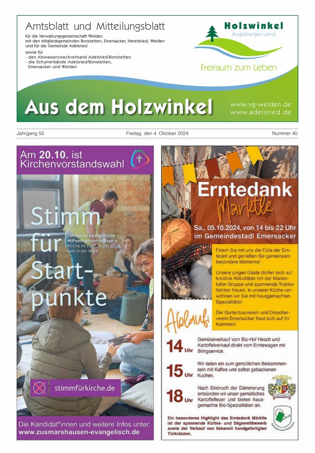 Aus dem Holzwinkel Amtsblatt u Mitteilungsblatt f VG Welden u GemAdelsried Titelblatt 40/2024