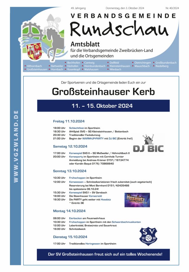 Verbandsgemeinde Rundschau Zweibrücken-Land Titelblatt 40/2024