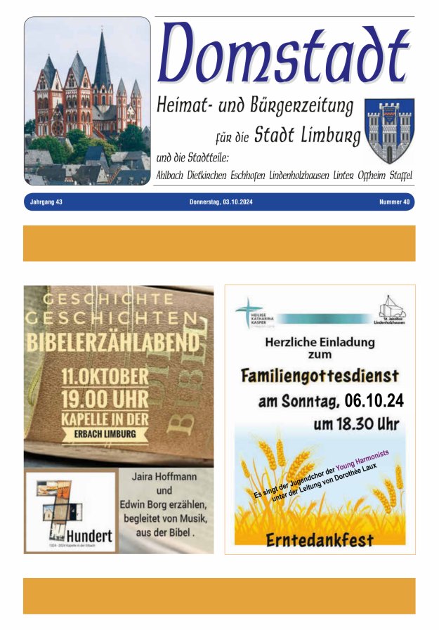 Domstadt - Heimat- und Bürgerzeitung für die Stadt Limburg Titelblatt 40/2024
