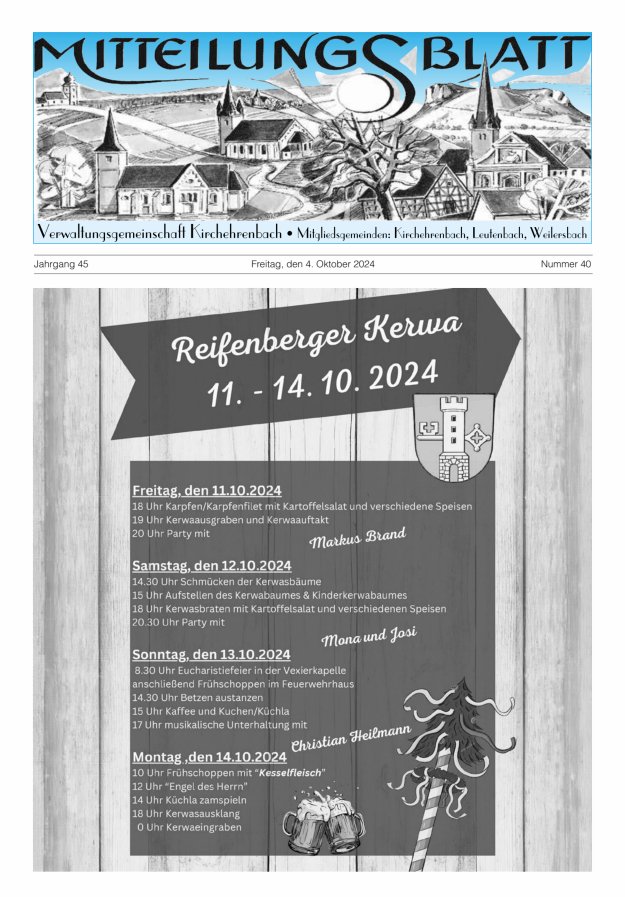 Mitteilungsblatt Verwaltungsgemeinschaft Kirchehrenbach Titelblatt 40/2024