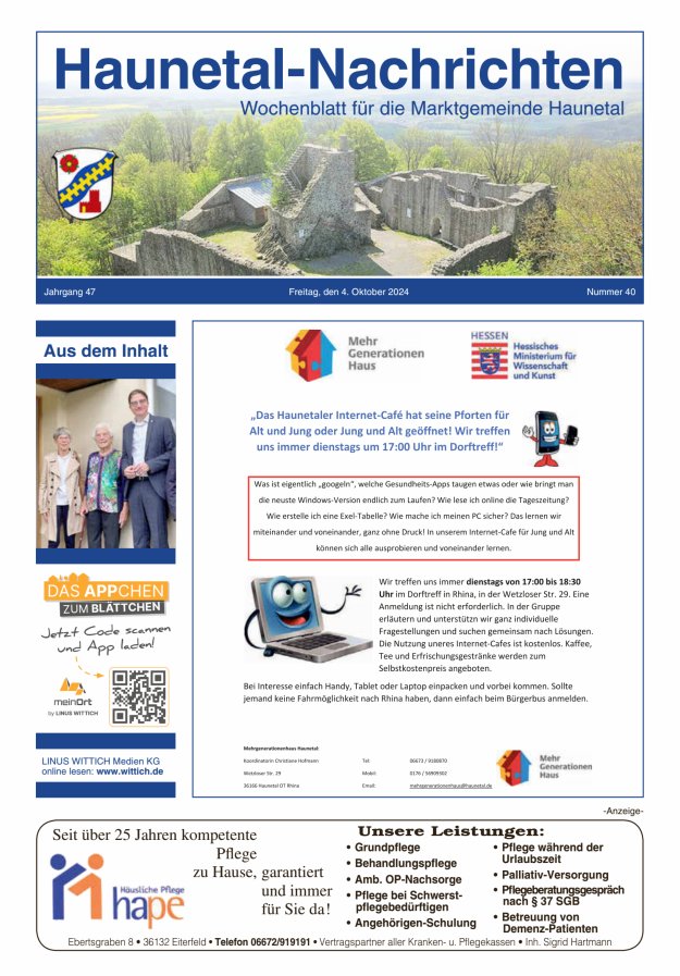 Haunetal-Nachrichten Titelblatt 40/2024