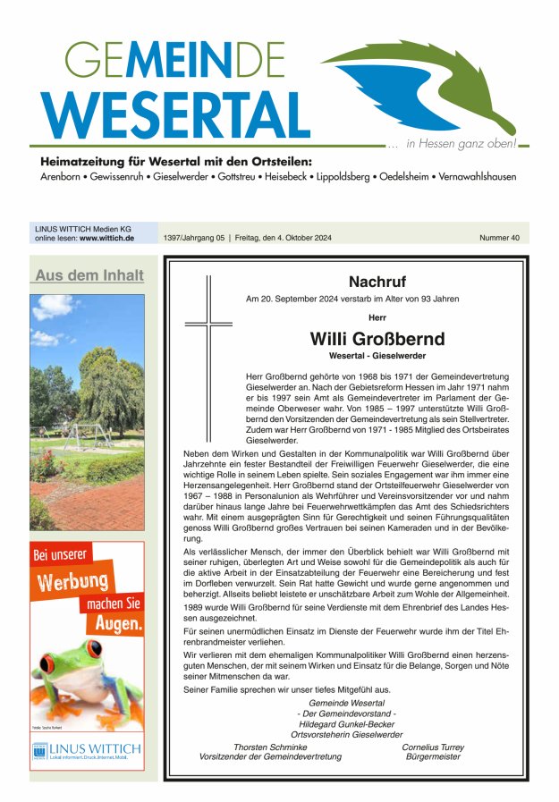 Wesertal Titelblatt 40/2024