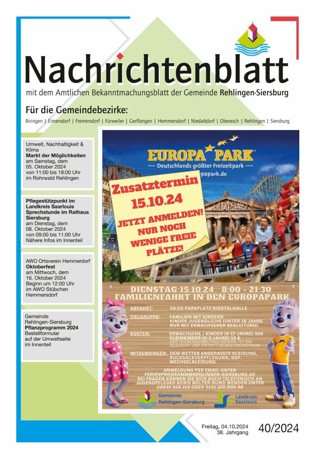 Nachrichtenblatt Rehlingen-Siersburg Titelblatt 40/2024