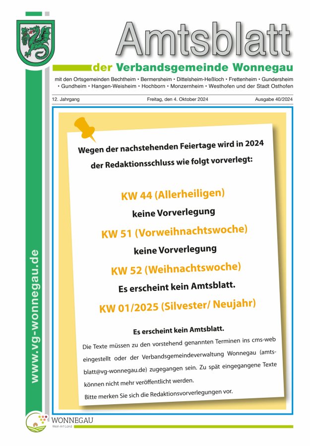 Amtsblatt VG Wonnegau Titelblatt 40/2024