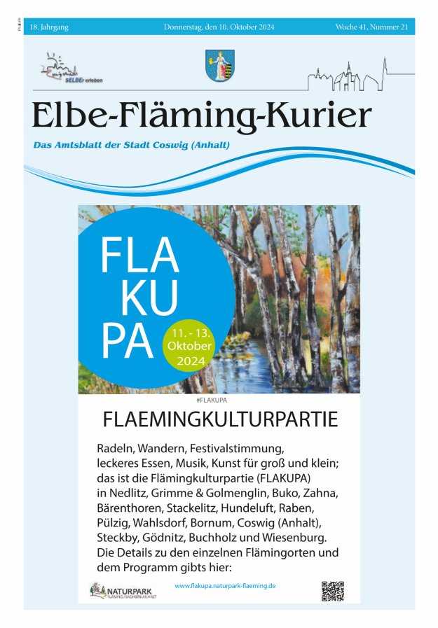 Elbe-Fläming-Kurier Das Amtsblatt der Stadt Coswig (Anhalt) Titelblatt 21/2024