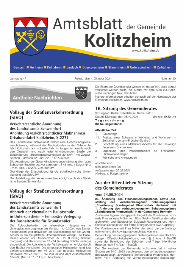 Amtsblatt der Gemeinde Kolitzheim Titelblatt 40/2024