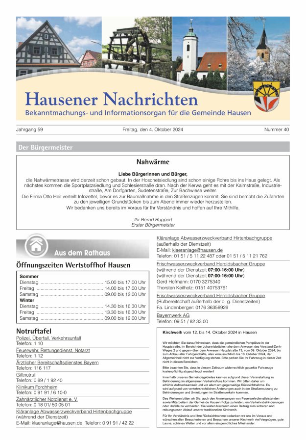 Hausener Nachrichten Titelblatt 40/2024