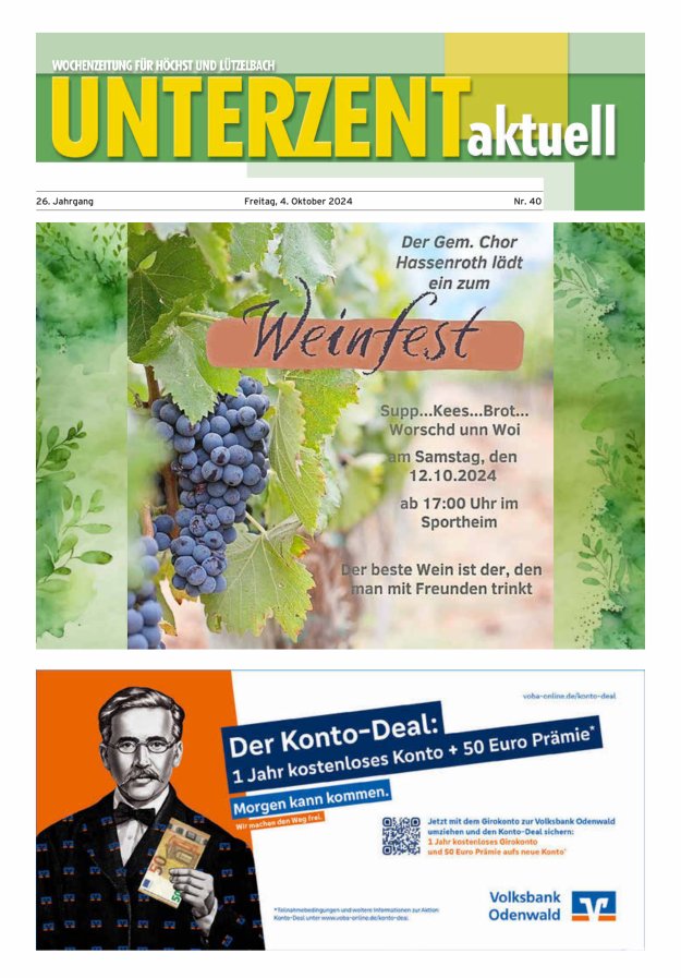 Unterzent aktuell Wochenzeitung für Höchst und Lützelbach Titelblatt 40/2024