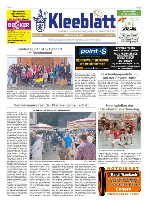 Kleeblatt - Amtliches Bekanntmachungsorgan der Stadt Bendorf Titelblatt 40/2024
