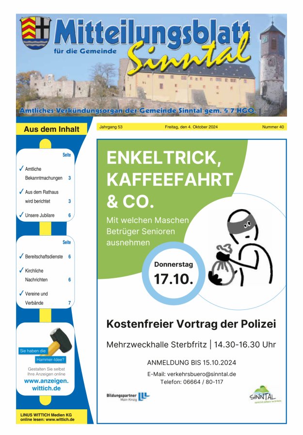 Mitteilungsblatt für die Gemeinde Sinntal Titelblatt 40/2024