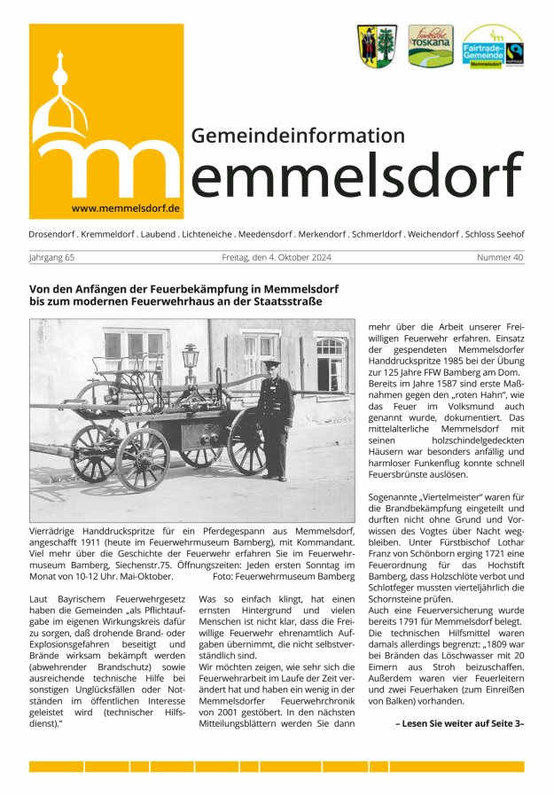 Mitteilungsblatt der Gemeinde Memmelsdorf Titelblatt 40/2024