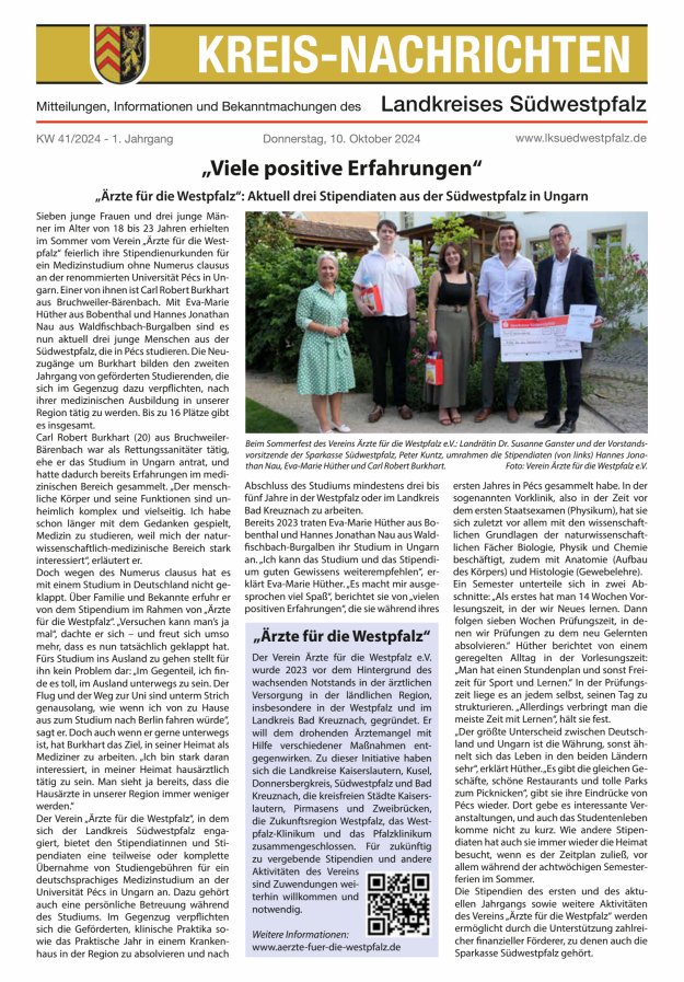 Kreis-Nachrichten - Mitteilungen des Landkreises Südwestpfalz Titelblatt 41/2024
