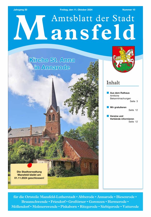 Amtsblatt der Stadt Mansfeld Titelblatt 10/2024