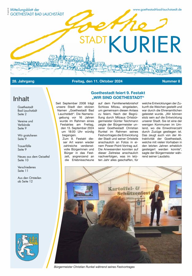Goethestadt Kurier - Mitteilungsblatt der Goethestadt Bad Lauchstädt Titelblatt 08/2024