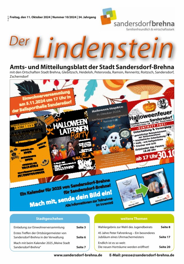 Der Lindenstein Amts- und Mitteilungsblatt der Stadt Sandersdorf-Brehna Titelblatt 10/2024