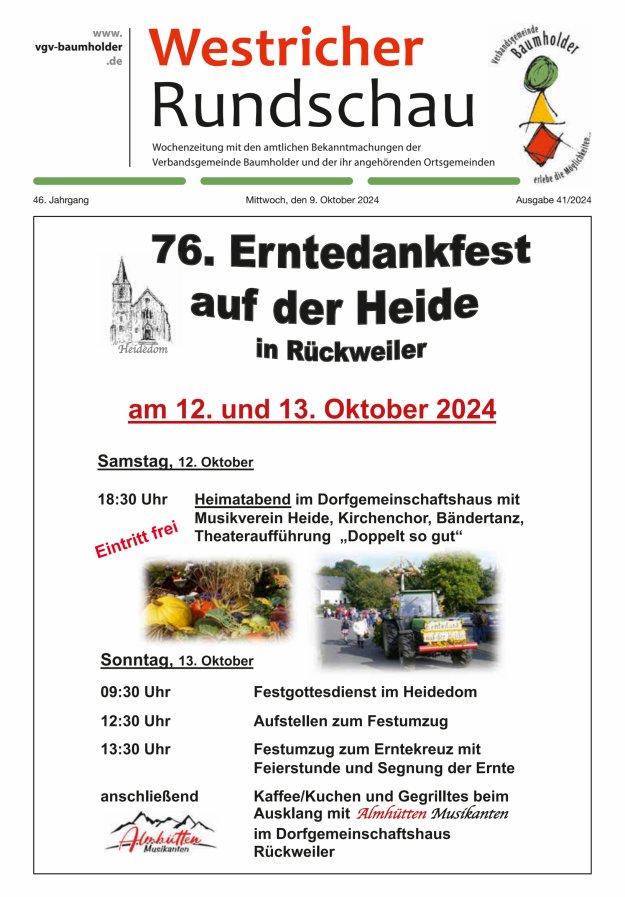 Westricher Rundschau VG Baumholder Titelblatt 41/2024