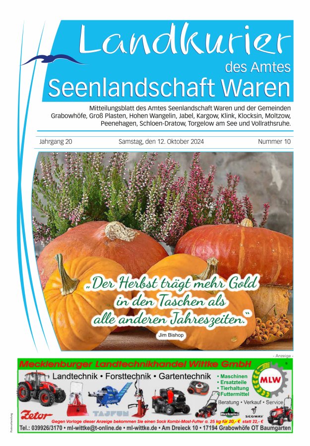 Landkurier des Amtes Seenlandschaft Waren Titelblatt 10/2024