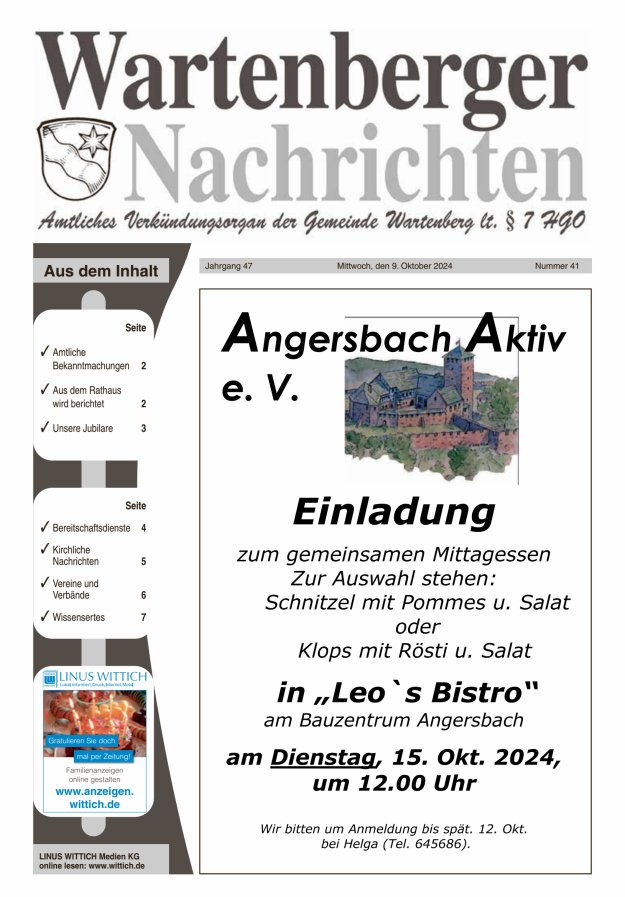 Wartenberger Nachrichten Titelblatt 41/2024