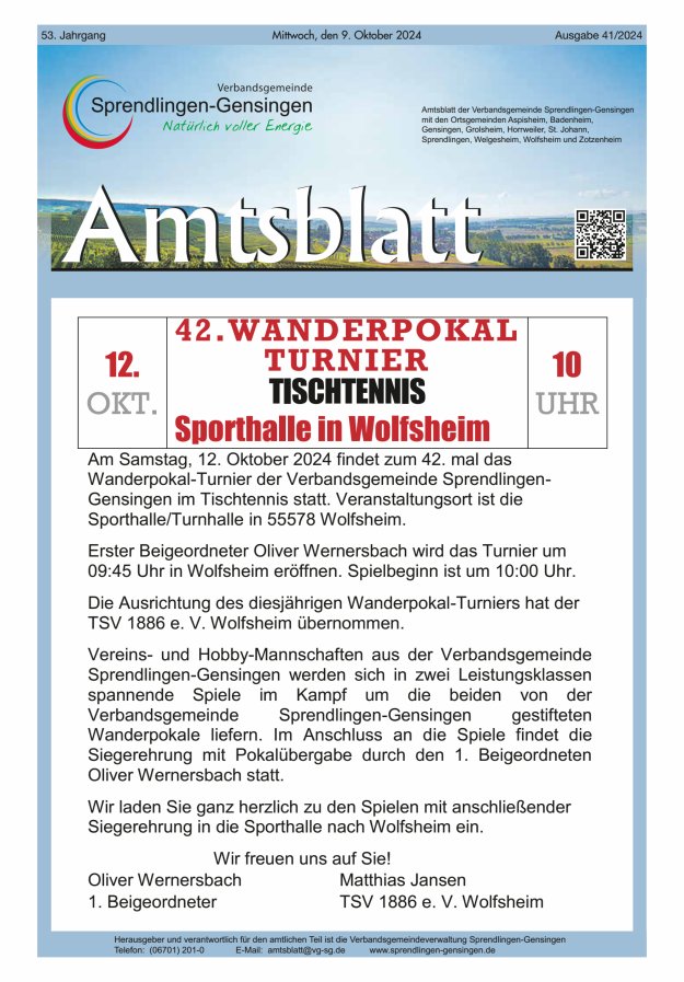 Amtsblatt VG Sprendlingen-Gensingen Titelblatt 41/2024