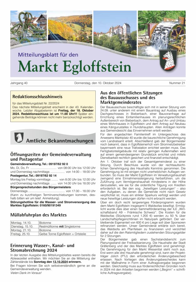 Mitteilungsblatt für den Markt Egloffstein Titelblatt 21/2024