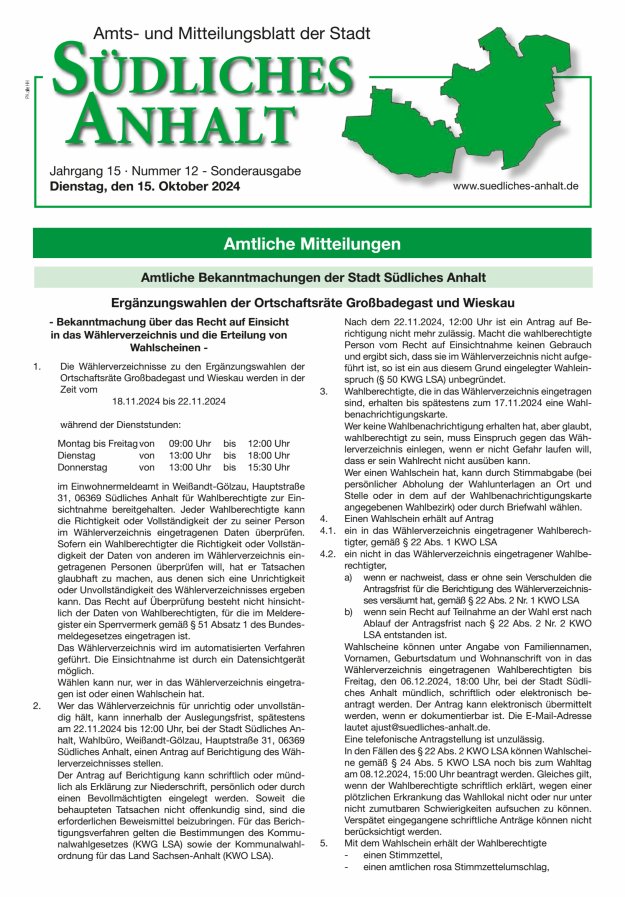 Amts- und Mitteilungsblatt der Stadt Südliches Anhalt Titelblatt 12/2024