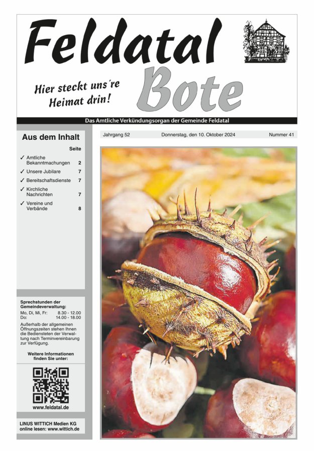 Das Amtliche Verkündungsorgan der Gemeinde Feldatal Titelblatt 41/2024