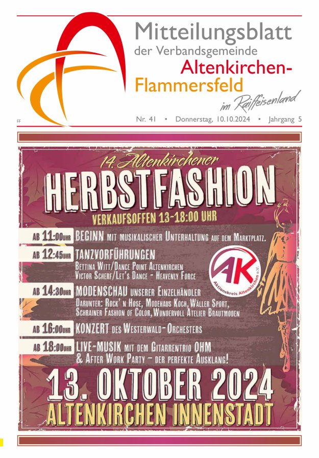 Mitteilungsblatt Verbandsgemeinde Altenkirchen-Flammersfeld Ausg Flammersfeld Titelblatt 41/2024