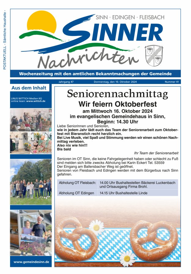 Sinner Nachrichten Titelblatt 41/2024