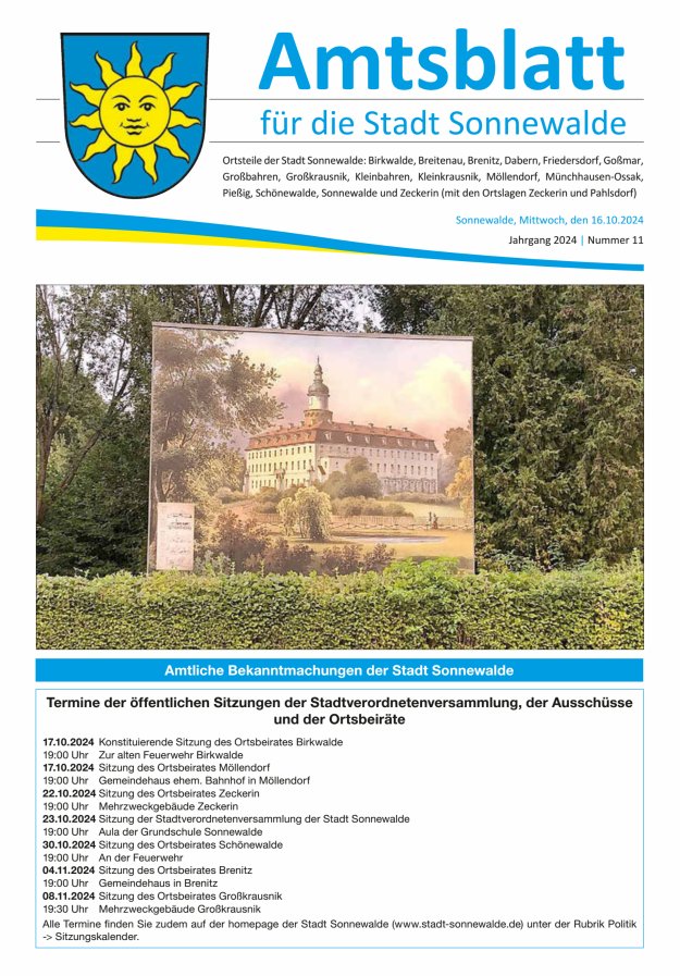 Amtsblatt für die Stadt Sonnewalde Titelblatt 11/2024