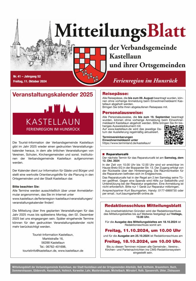 Mitteilungsblatt Kastellaun Titelblatt 41/2024