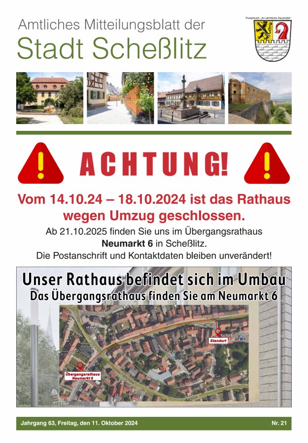 Scheßlitzer Anzeiger - Amtliches Mitteilungsblatt der Stadt Scheßlitz Titelblatt 21/2024