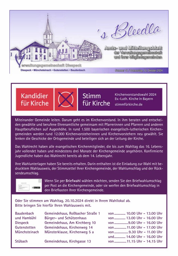 Amts- und Mitteilungsblatt VGem Diespeck Titelblatt 41/2024