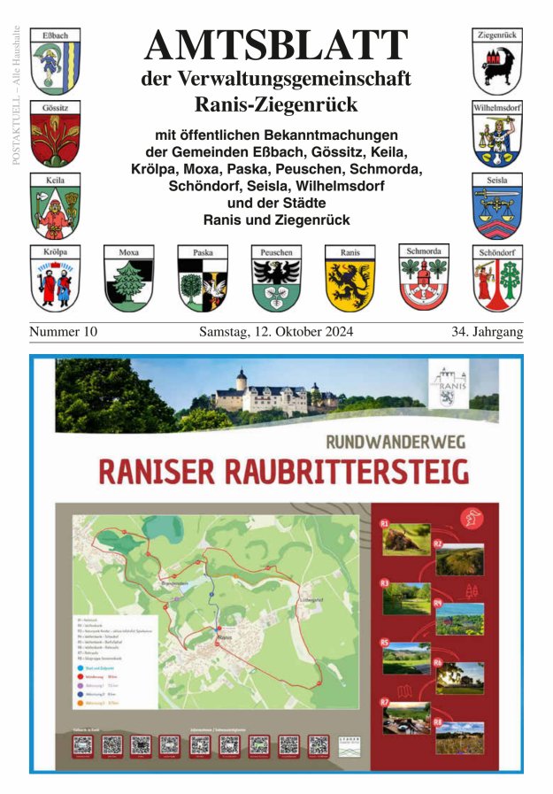 Amtsblatt der Verwaltungsgemeinschaft Ranis-Ziegenrück Titelblatt 10/2024