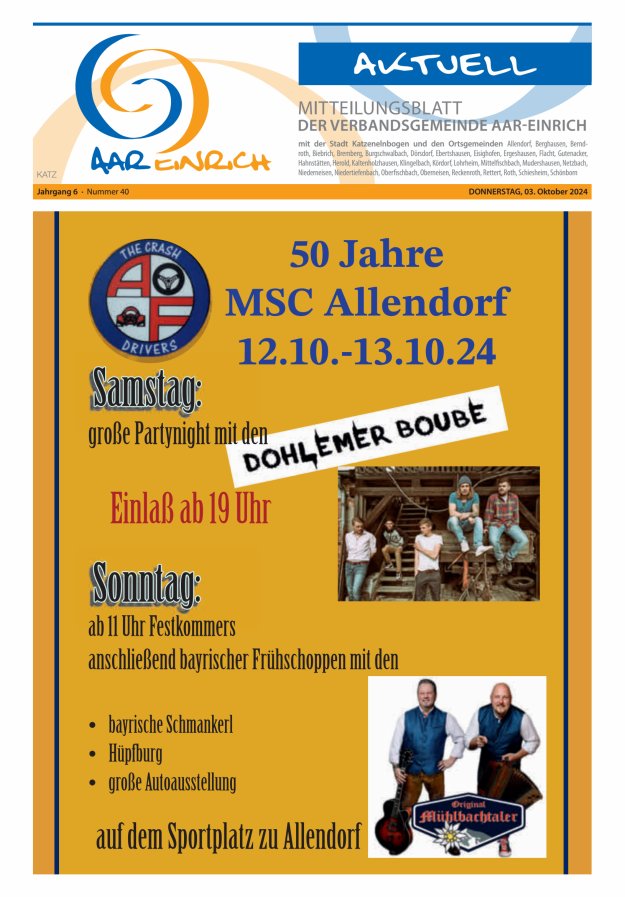 Mitteilungsblatt der Verbandsgemeinde Aar-Einrich Ausgabe Katzenelnbogen Titelblatt 40/2024