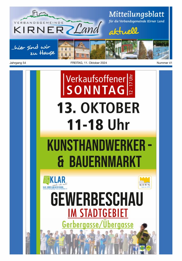 Mitteilungsblatt für den Bereich der Verbandsgemeinde Kirner Land Titelblatt 41/2024