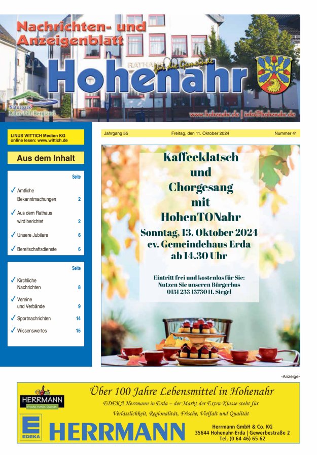 Nachrichten- und Anzeigenblatt für die Gemeinde Hohenahr Titelblatt 41/2024