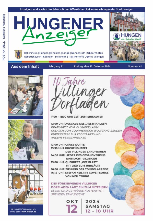 Anzeigen- und Nachrichtenblatt mit den öff  Bekanntmachungen der Stadt Hungen Titelblatt 41/2024