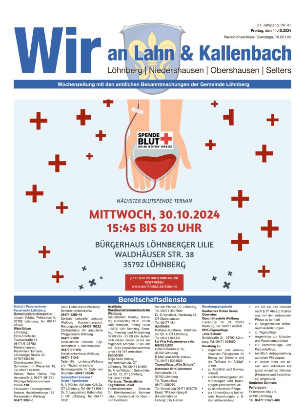 Amtliches Mitteilungsblatt der Gemeinde Löhnberg Titelblatt 41/2024