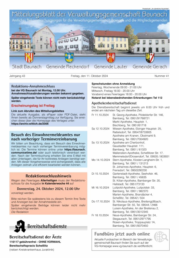 Mitteilungsblatt Verwaltungsgemeinschaft Baunach Titelblatt 41/2024